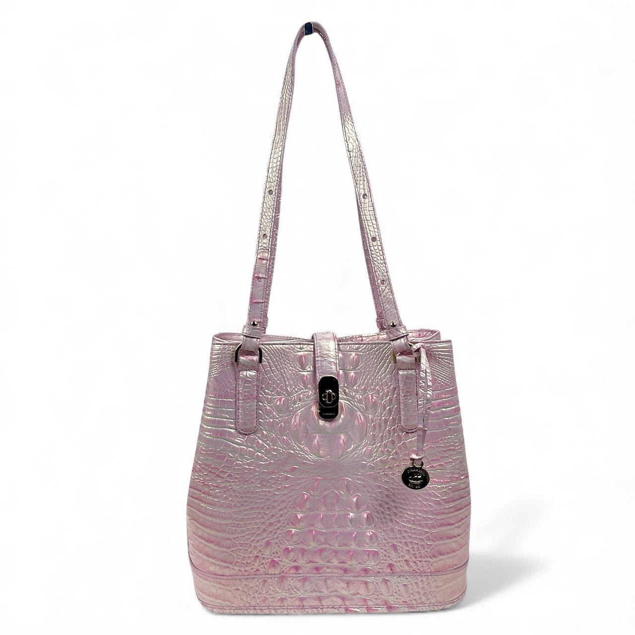 Brahmin Fiore Melboure Leather Bucket Bag Rose Water Pearl Pink Croc