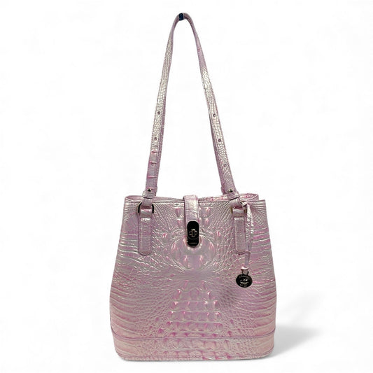 Brahmin Fiore Melboure Leather Bucket Bag Rose Water Pearl Pink Croc