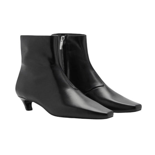 Mango MNG Square Toe Kitten Heel Leather Boots Black Size 39/ US 8.5