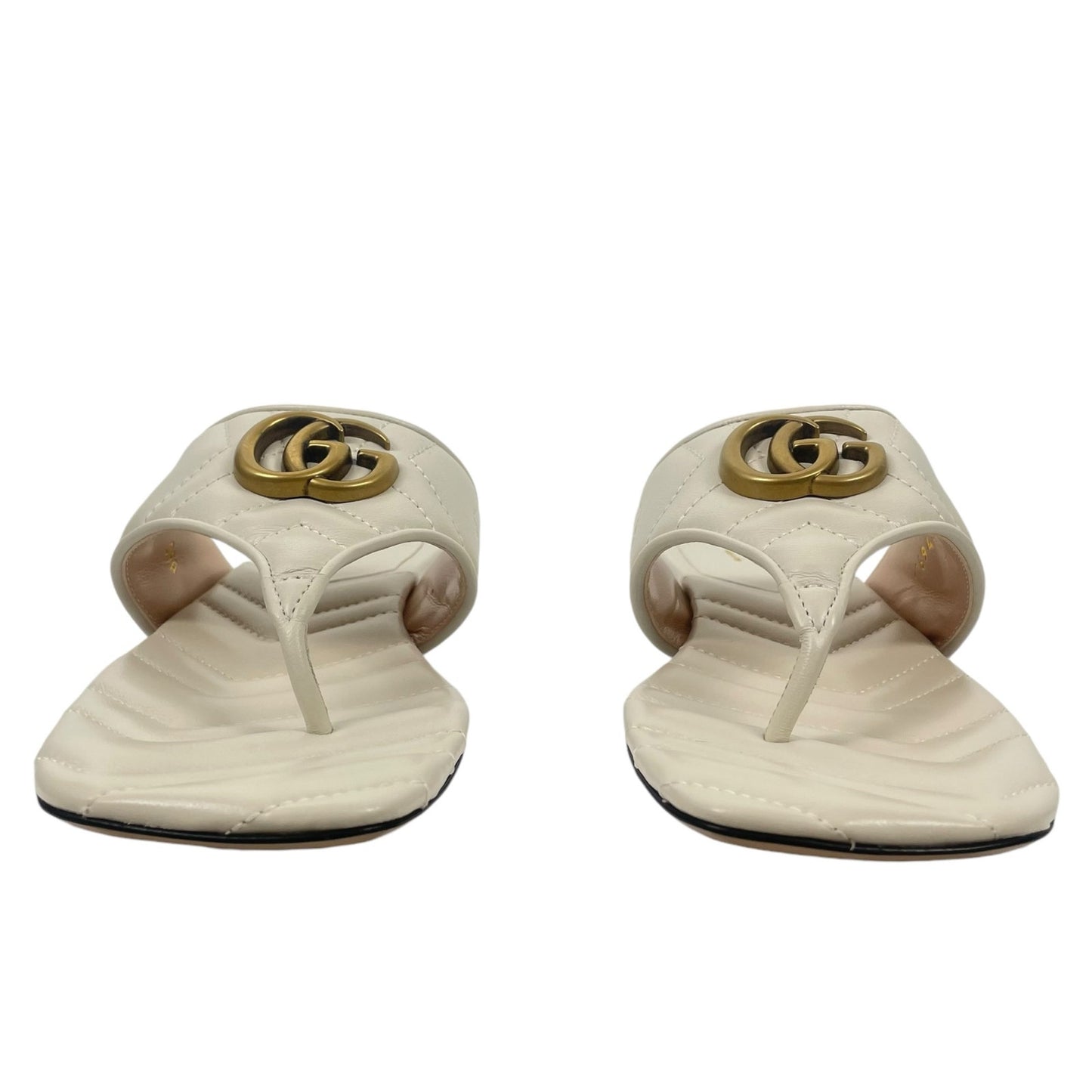 Gucci GG Marmont Leather Thong Sandals Cream White Gold Size 37