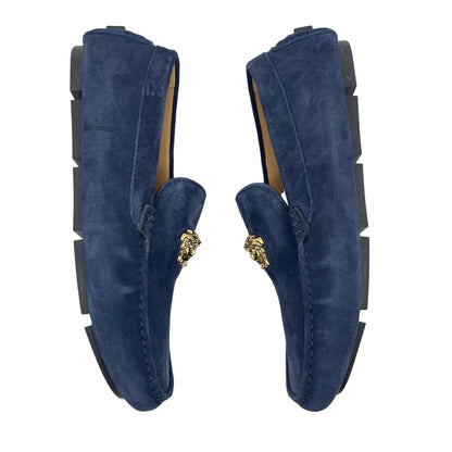 Versace La Medusa Suede Driver Loafers Moccasins Navy Blue Size 42