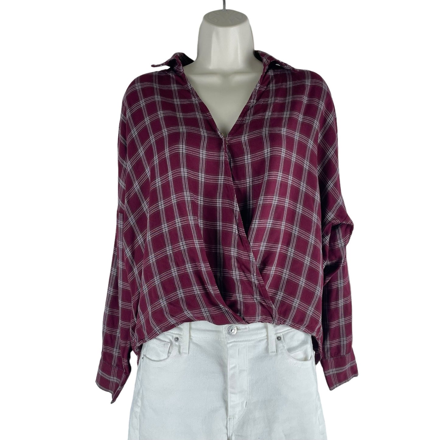 Lou & Grey for LOFT Plaid Long Sleeve Faux Wrap Top Dark Red Size S