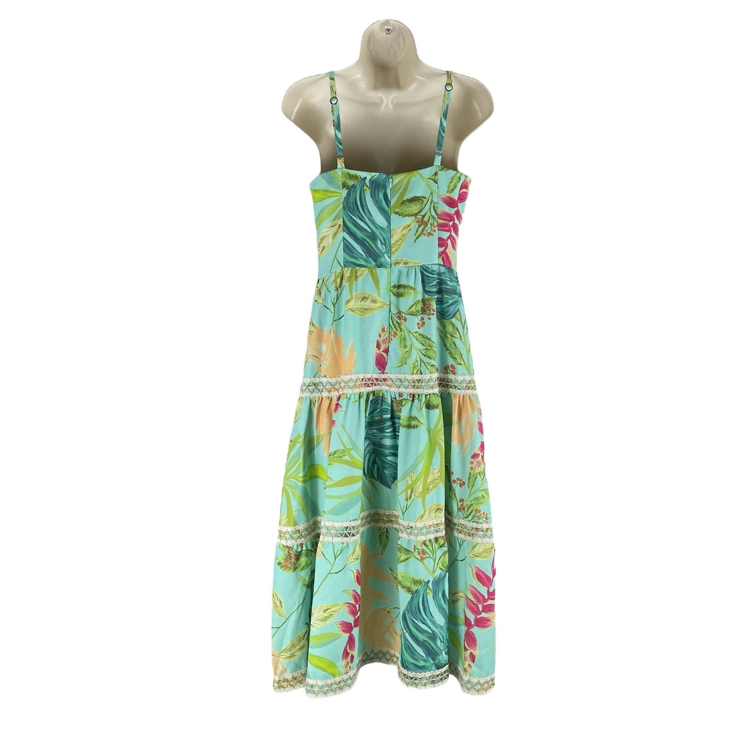 PatBO Tropicalia Leaf Print Jute Trim Midi Dress Islablue Green Size 4