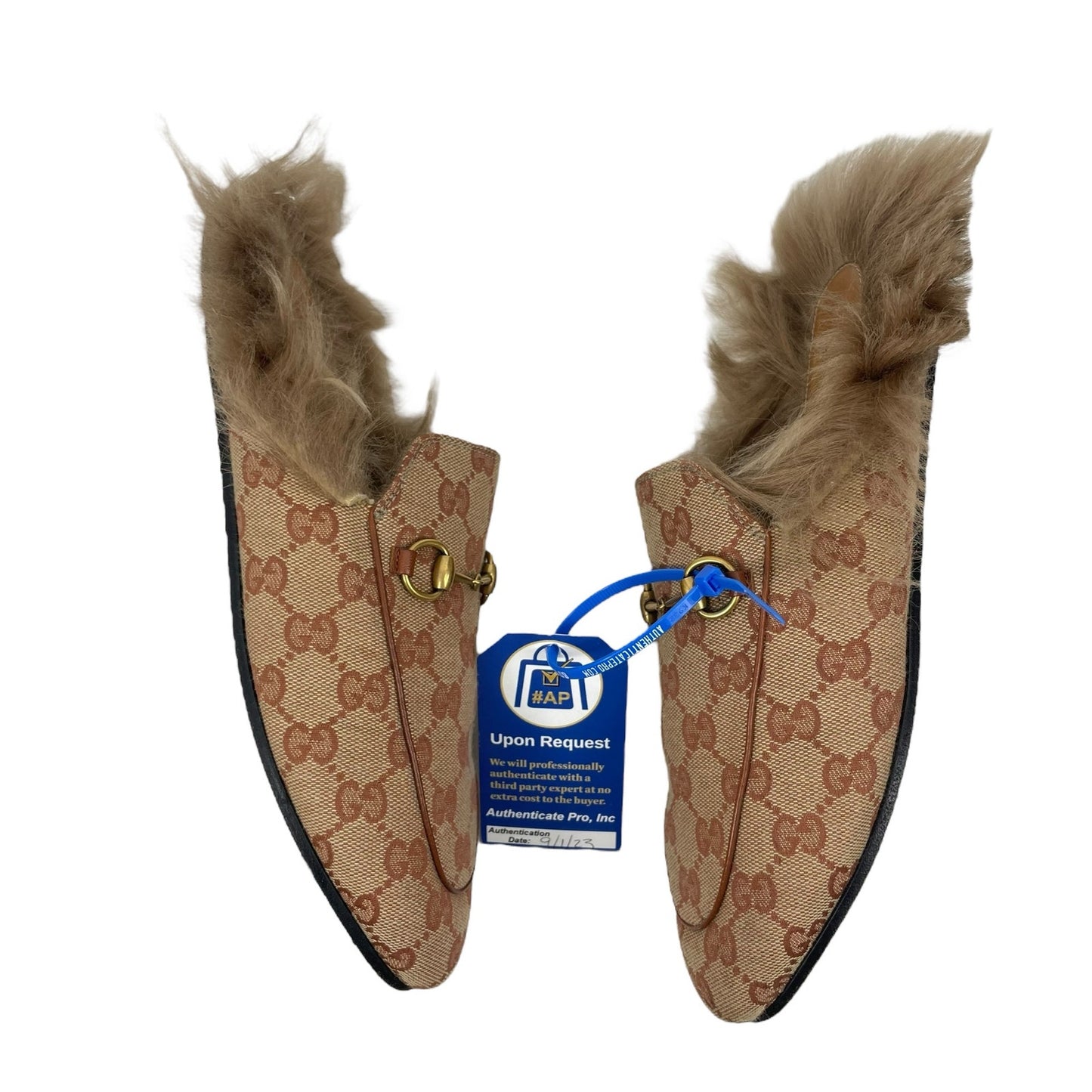 Gucci Princetown Fur Lined Mules Horsebit GG Monogram Natural Size 39.5