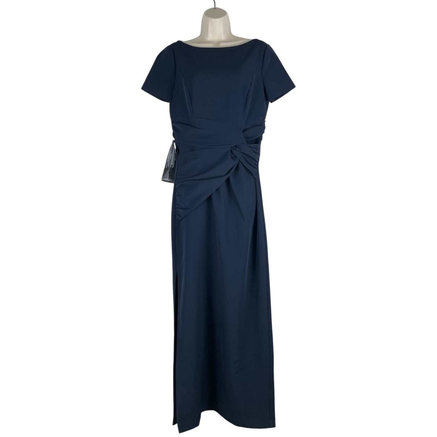 Kay Unger Garbo Gathered Column Gown Short Sleeve Carbon Blue Size 8