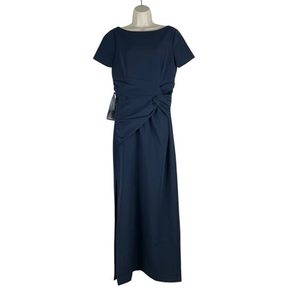 Kay Unger Garbo Gathered Column Gown Short Sleeve Carbon Blue Size 8