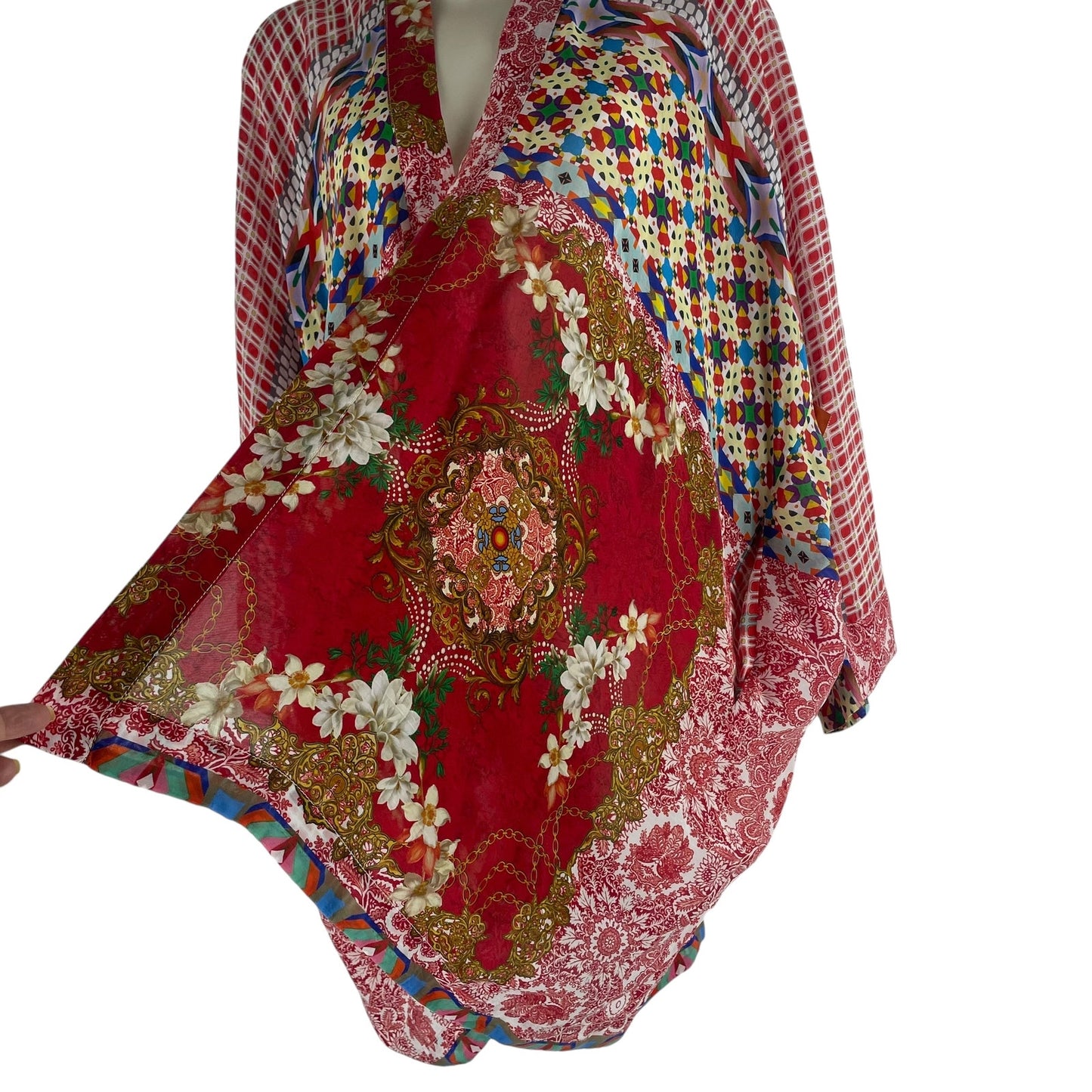 Johnny Was Dolce Mix Print Kimono Jacket Pockets Red Size XS