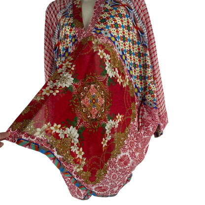 Johnny Was Dolce Mix Print Kimono Jacket Pockets Red Size XS