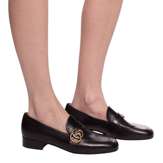 Gucci Double GG Logo Square Toe Slip On Leather Loafer Black Size 38