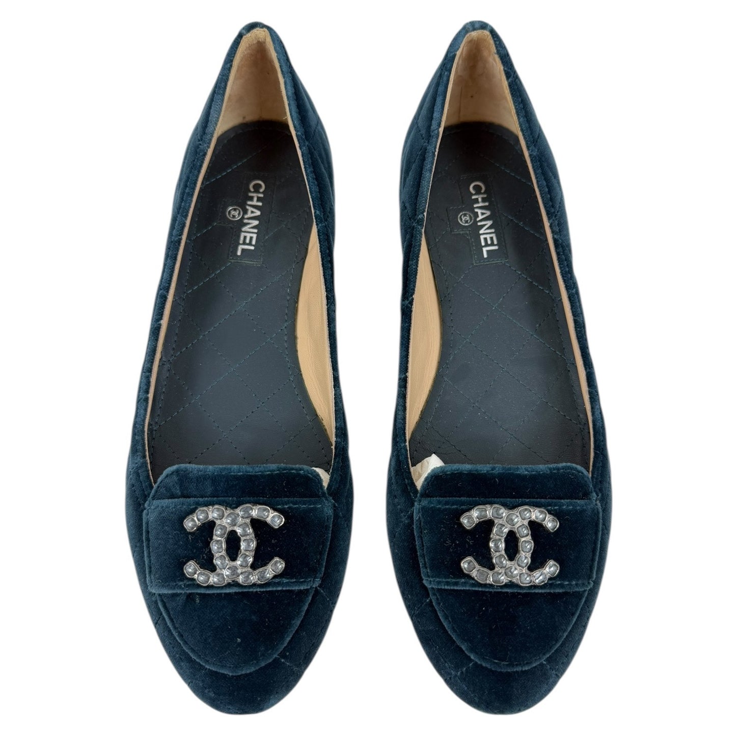 Chanel CC Logo Jeweled Velvet Quilted Slip On Flats Blue Size 39