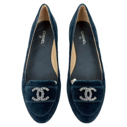 Chanel CC Logo Jeweled Velvet Quilted Slip On Flats Blue Size 39