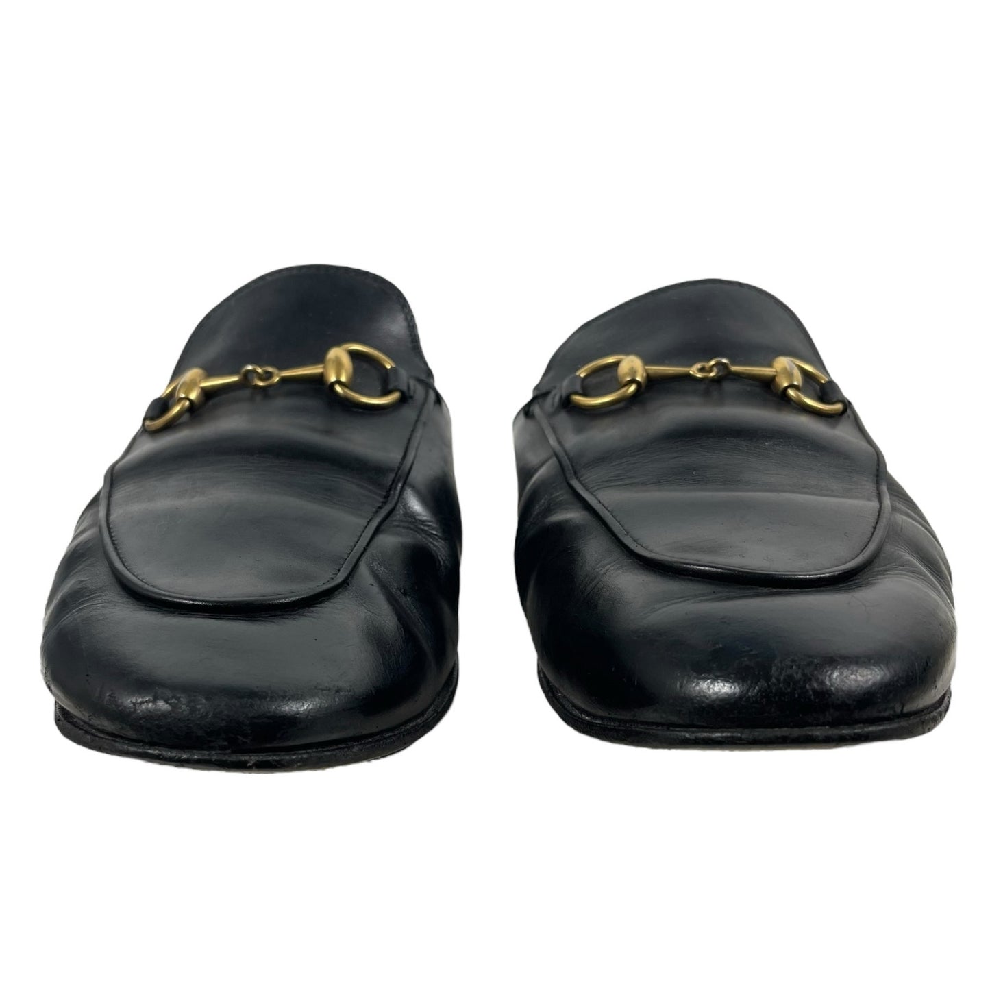 Gucci Princetown Slide Mules Gold Horsebit Flats Black Leather Size 36