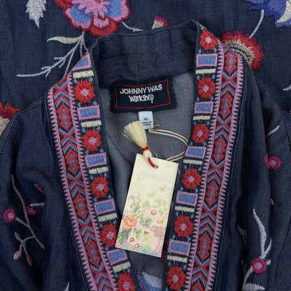 Johnny Was Piper Shirt Tail Kimono Jacket Embroidery Denim Size XL