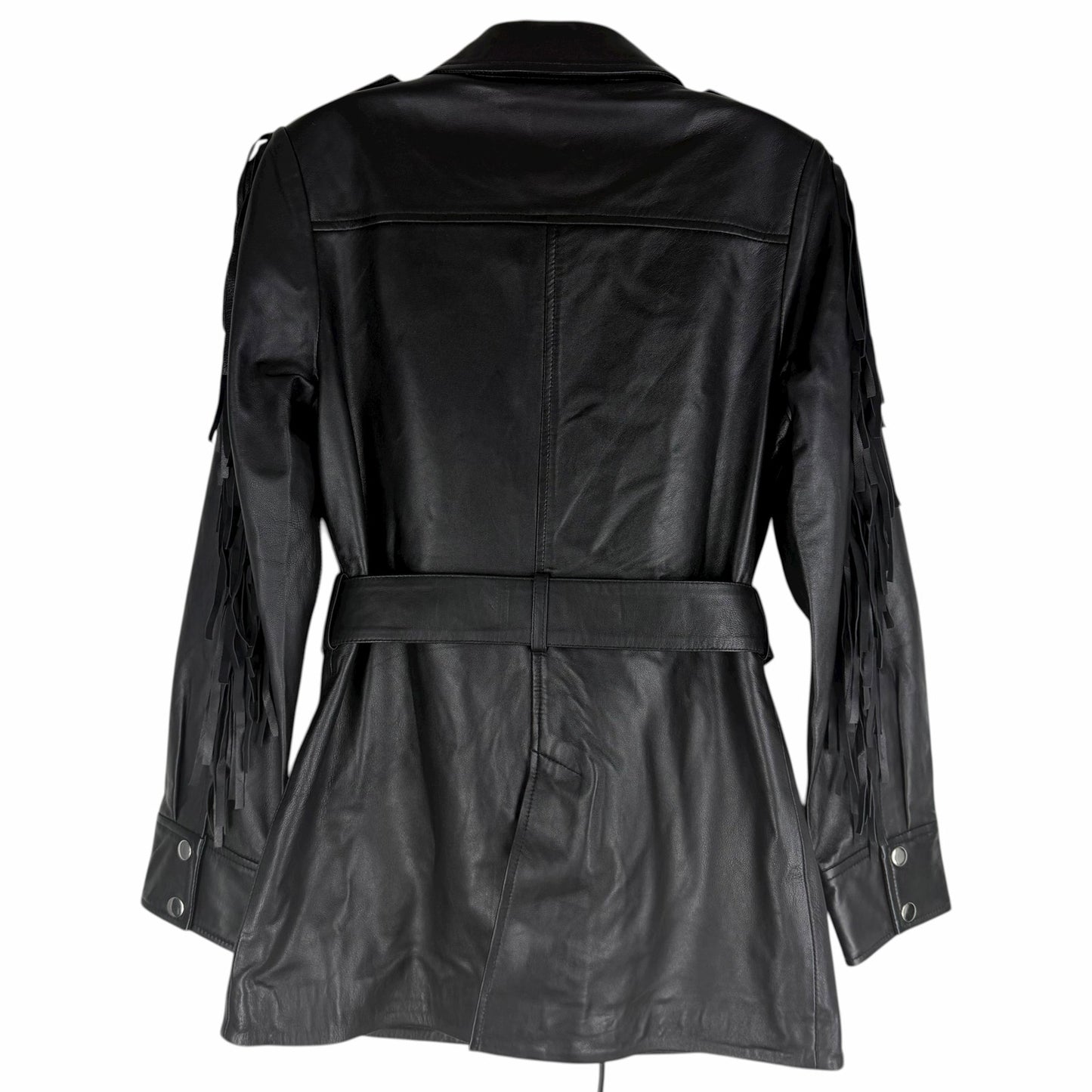 Walter Baker Linda Fringe Belted Lamb Leather Jacket Black Size S