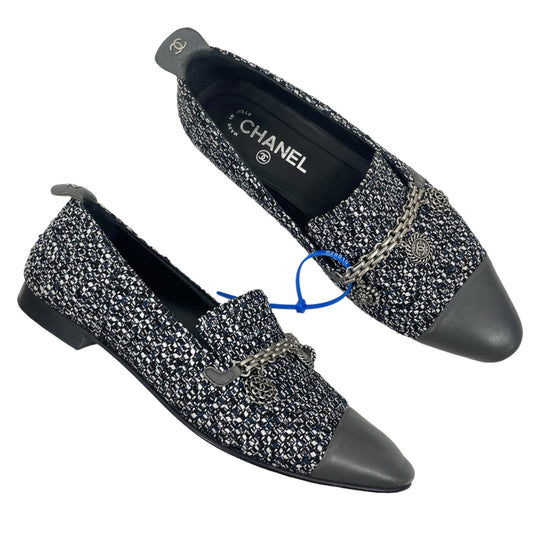 Chanel Tweed Lambskin Cap Toe Charm Smoking Loafers Blue Gray Size 40.5