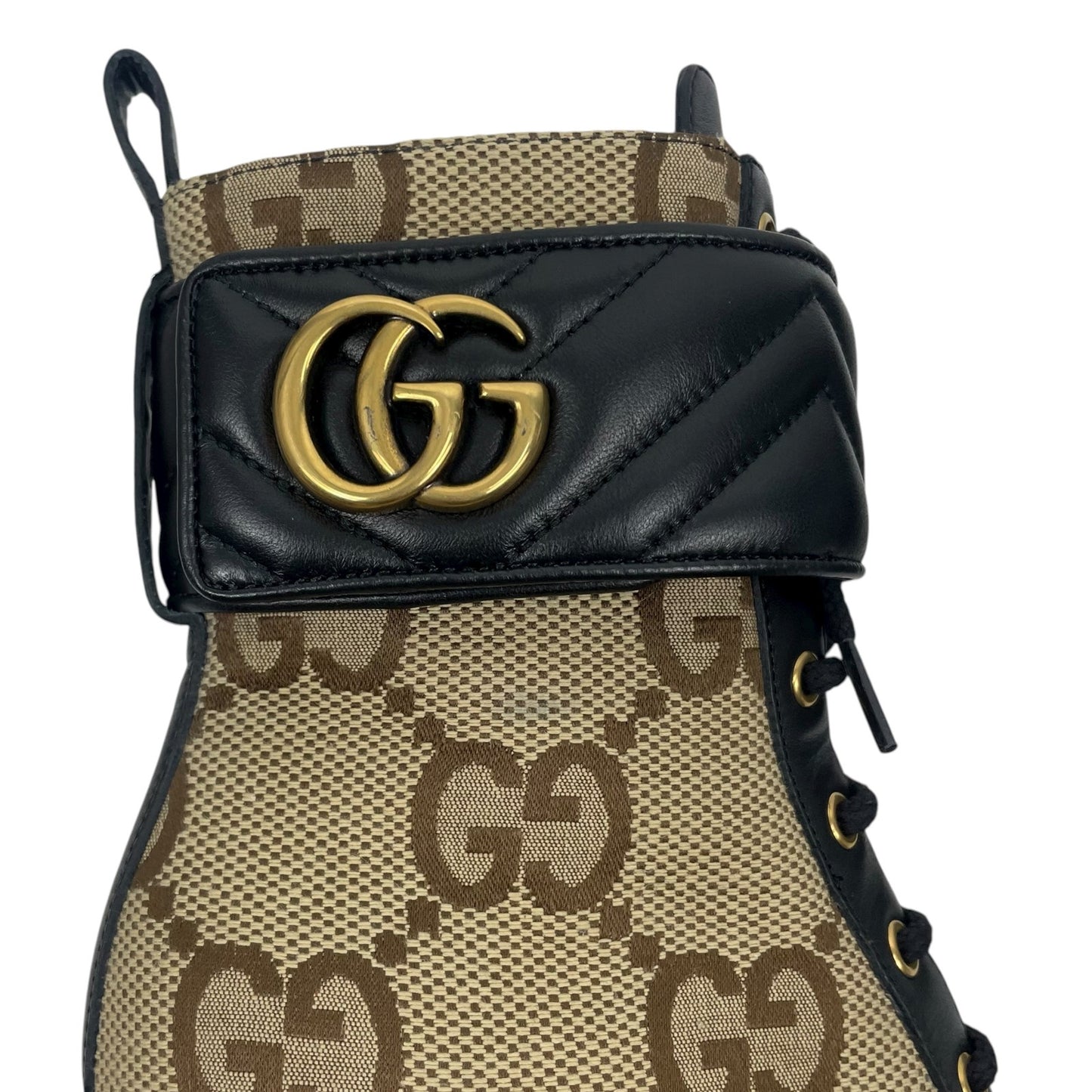 Gucci Flores Calfskin Monogram Double GG Ankle Boots Camel Ebony Size 36