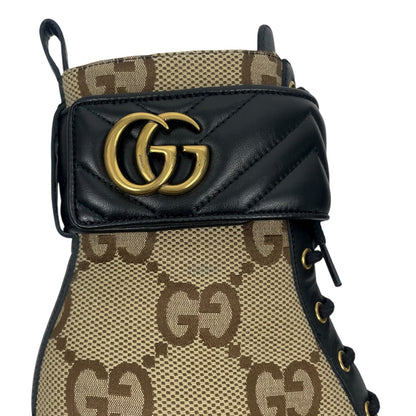 Gucci Flores Calfskin Monogram Double GG Ankle Boots Camel Ebony Size 36