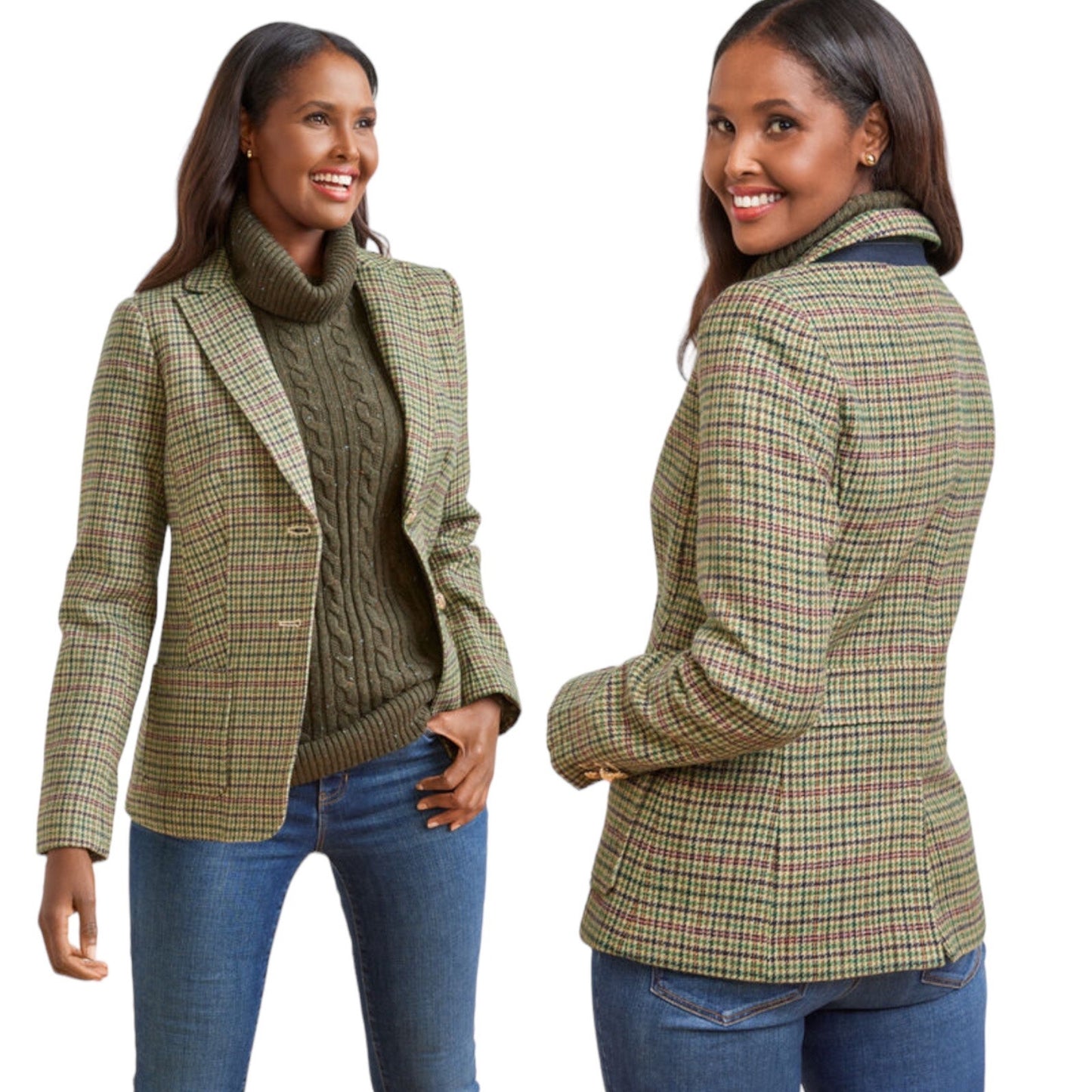 Talbots Classic Shetland Blazer Rustling Plaid Green Pink Size 16W