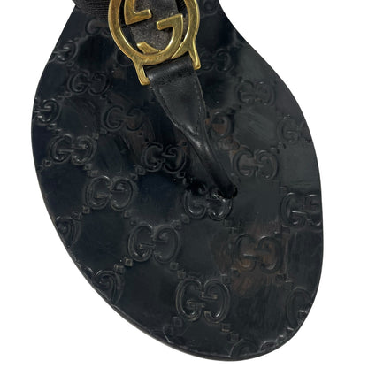 Gucci Interlocking GG Logo Thong Sandal Slide Black Gold Size 41