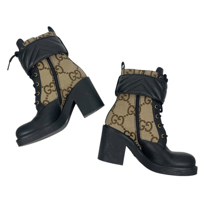 Gucci Flores Calfskin Monogram Double GG Ankle Boots Camel Ebony Size 36