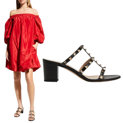 Valentino Garavani 60mm Rockstud Leather Slide Heel Sandal Black Size 37.5