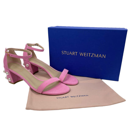 Stuart Weitzman Simple Pearl Heel Suede Sandals Pink Size 9