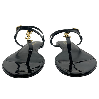 Saint Laurent Cassandra Patent YSL Thong Slide Sandal Black Gold Size 39.5