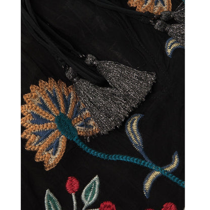 Johnny Was Mayson Floral Embroidered Tunic Top Black Size L