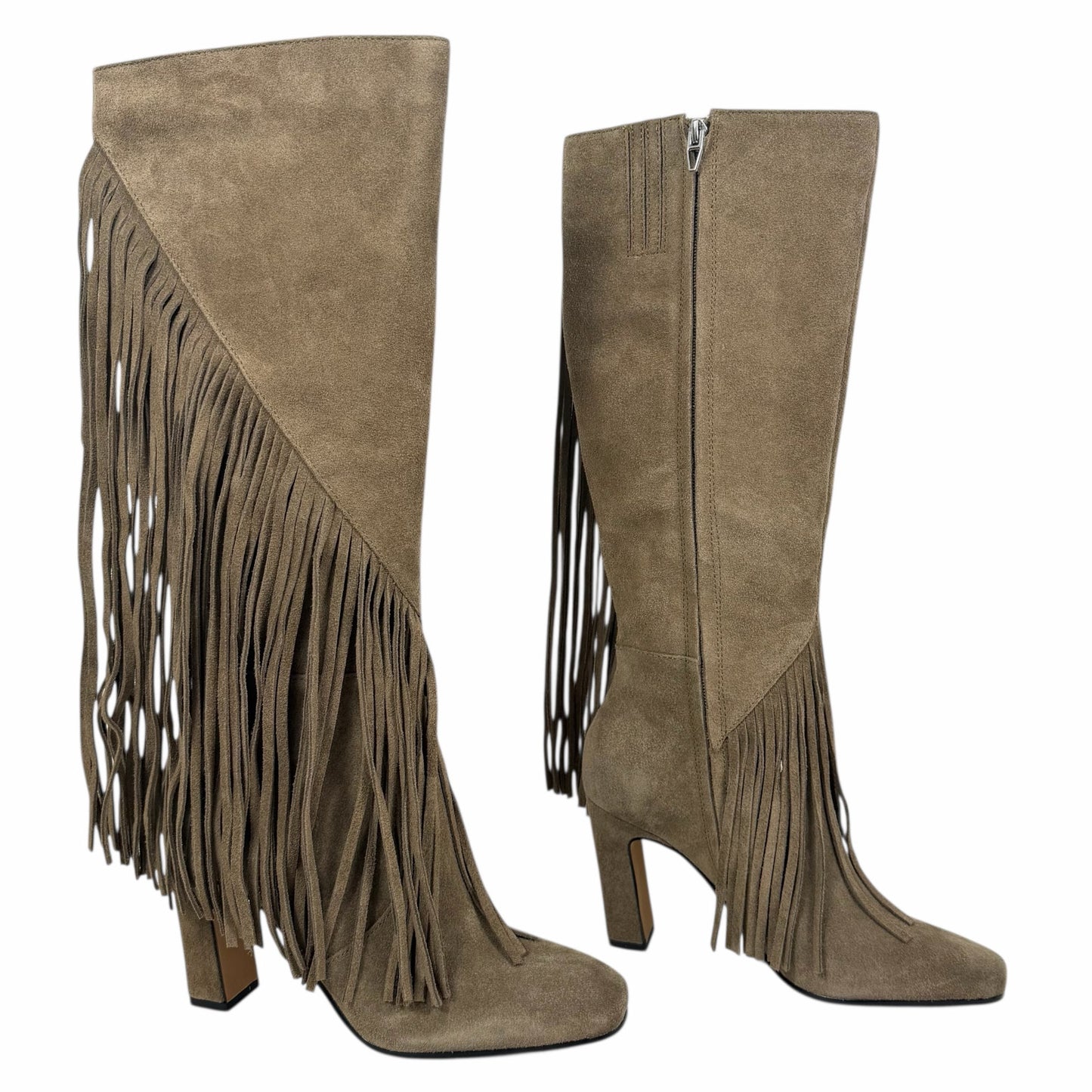 Dolce Vita Giano Fringed Knee High Heeled Boots Olive Suede Size 7.5