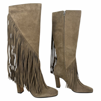 Dolce Vita Giano Fringed Knee High Heeled Boots Olive Suede Size 7.5