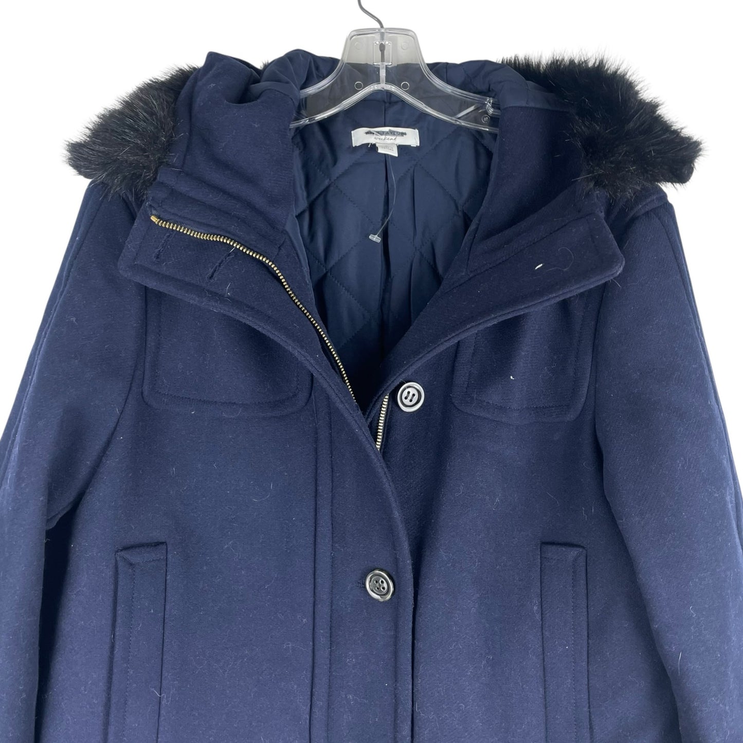 Ann Taylor Weekend Collection Faux Fur Trim Wool Duffle Coat Blue Size M