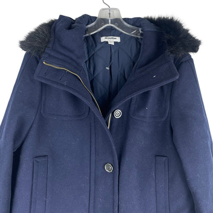 Ann Taylor Weekend Collection Faux Fur Trim Wool Duffle Coat Blue Size M