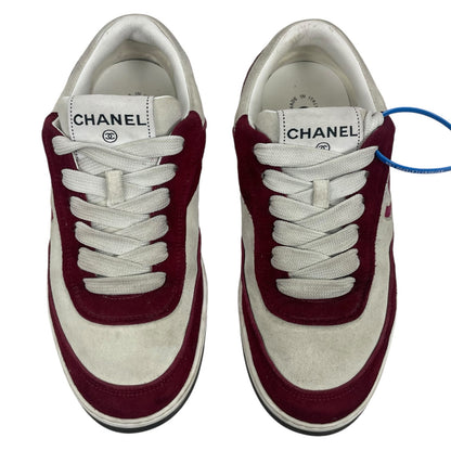 Chanel CC Logo Suede Kidskin Lace Up Sneakers Burgundy 2023 Size 36.5