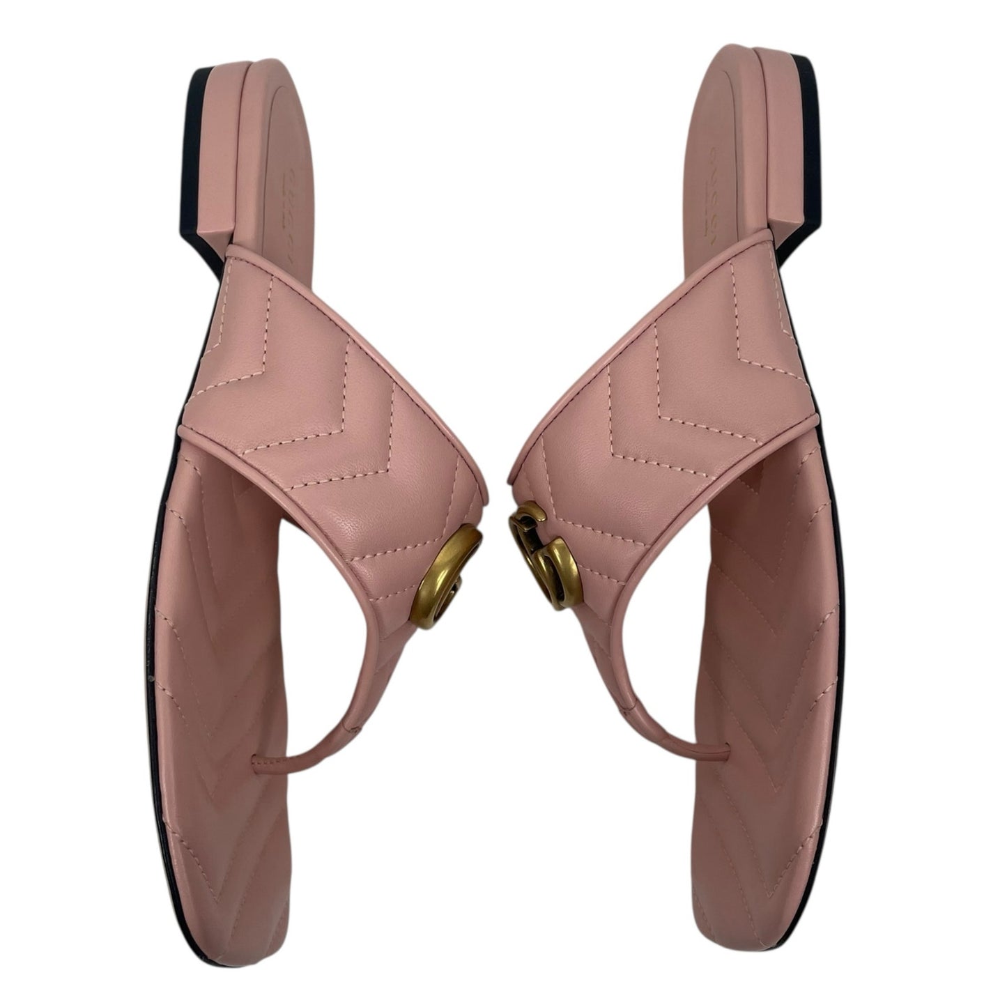 Gucci GG Logo Marmont Leather Thong Flat Sandals Pink Gold Size 37.5