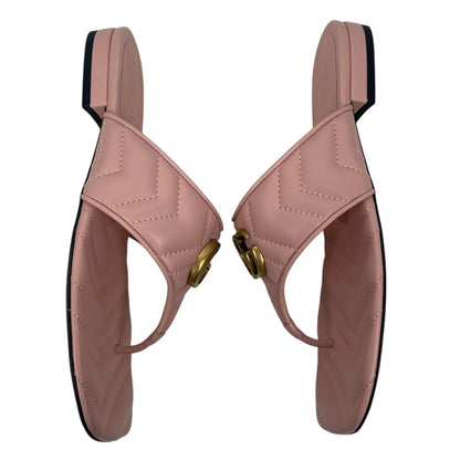 Gucci GG Logo Marmont Leather Thong Flat Sandals Pink Gold Size 37.5