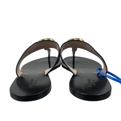 Gucci Leather Thong Sandals with Double G Logo Black Gold Size 37.5