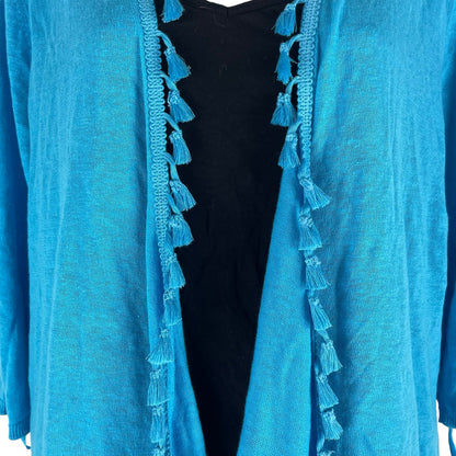 Chico's Linen Blend Tassel Trim Open Front Cardigan Lace Hem Size XLP