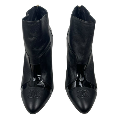 Chanel CC Logo Cap Toe Lamb Leather Heel Ankle Boots Black Size 38