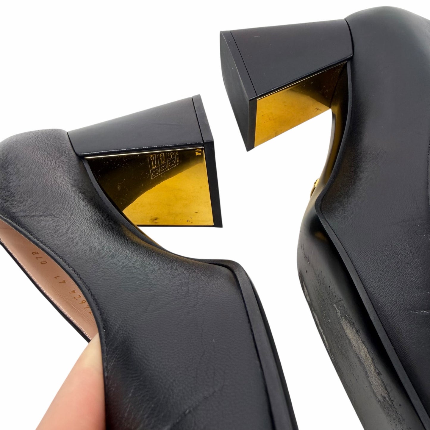 Gucci Horsebit Square Toe Leather Pump Block Heel Black Gold Size 41