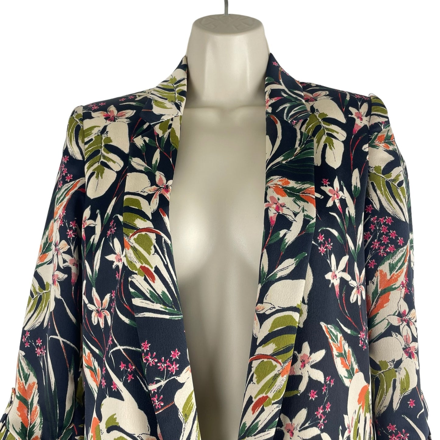 Zara Satin Floral Printed Open Front Long Blazer Jacket Green Size XS