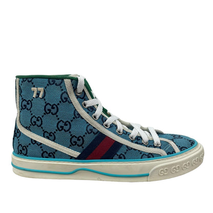 Gucci Tennis 1977 High Top Sneakers Turquoise Navy Logo Monogram Size 37