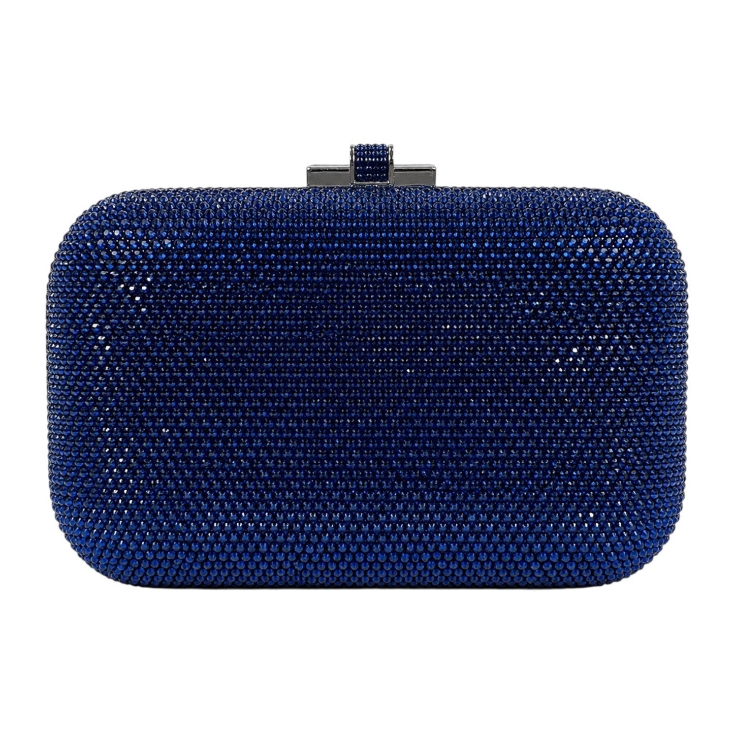 Judith Leiber Crystal Slide Lock Box Minaudiere Clutch Bag Navy Silver