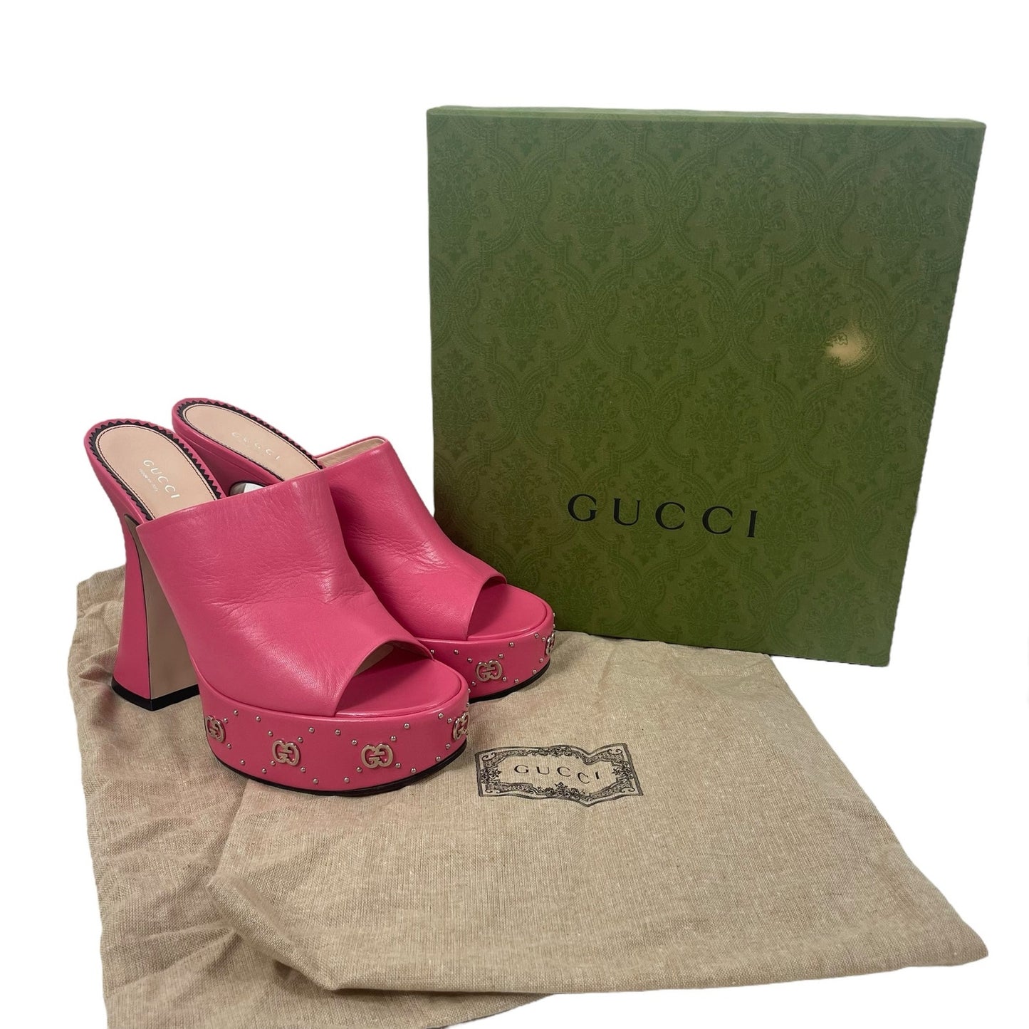 Gucci GG Studs Leather Platform Slide Sandal Rhodamine Pink Size 40