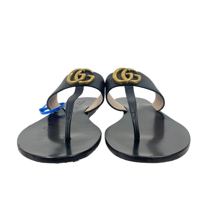 Gucci Leather Thong Sandals with Double G Logo Black Gold Size 37.5