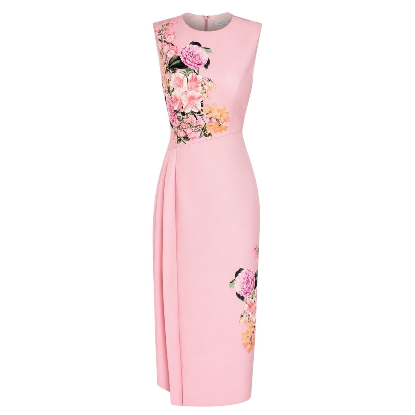 Kay Unger Mabel Midi Dress Floral Print Side Pleats Pink Size 16