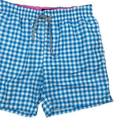 Michaels Swimwear Gingham Check Swim Trunk Shorts Blue White Size L