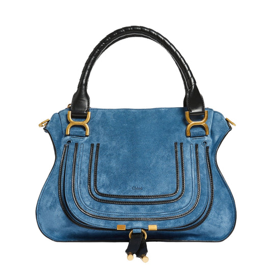 Chloe Small Marcie Double Carry Bag Satchel Suede Leather Trim Blue