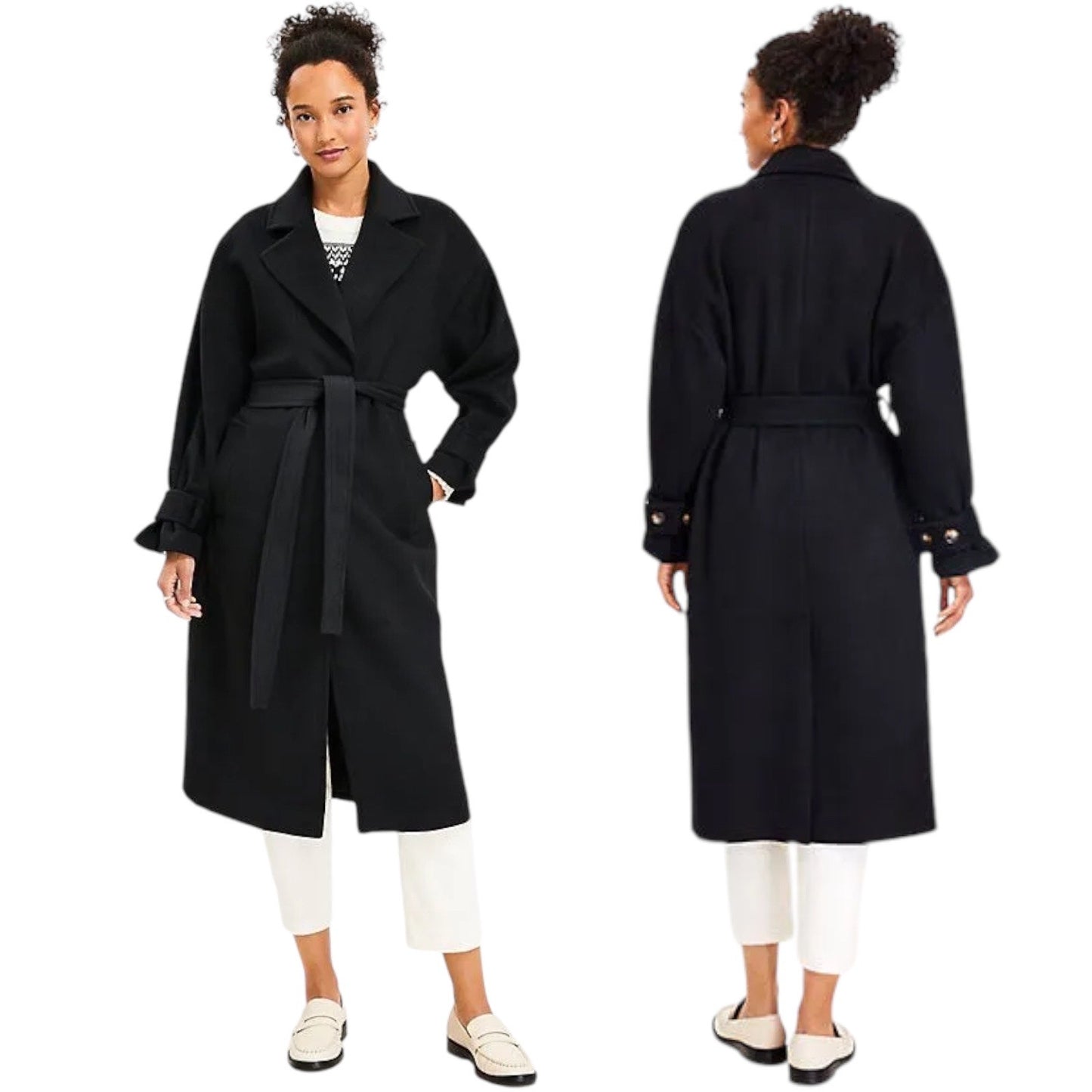 Ann Taylor LOFT Modern Tie Waist Long Trench Coat Black Size L