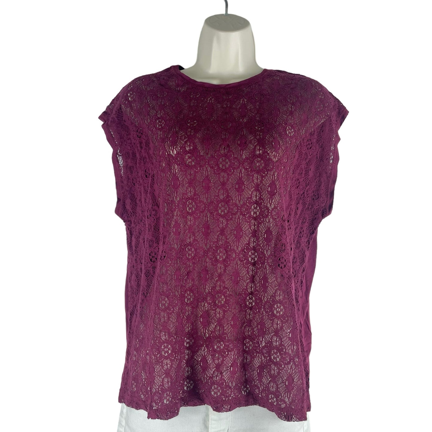 Old Navy Sleeveless Lace Front Boxy Top Soft Jersey Burgundy Size S