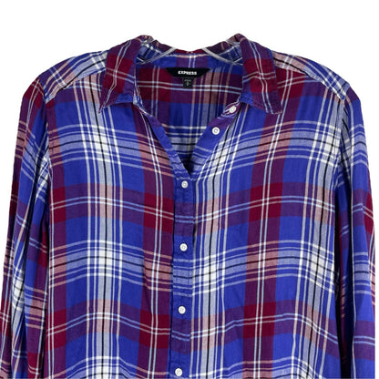 Express Tie Bell Sleeve Plaid Button Front Shirt Hi Low Hem Blue Size S